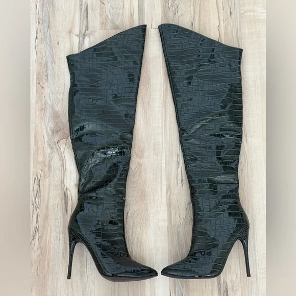 Fashion Nova Green Croc-Embossed Over The Knee Boots | Size 7.5 | Stiletto Heel - Picture 5 of 8